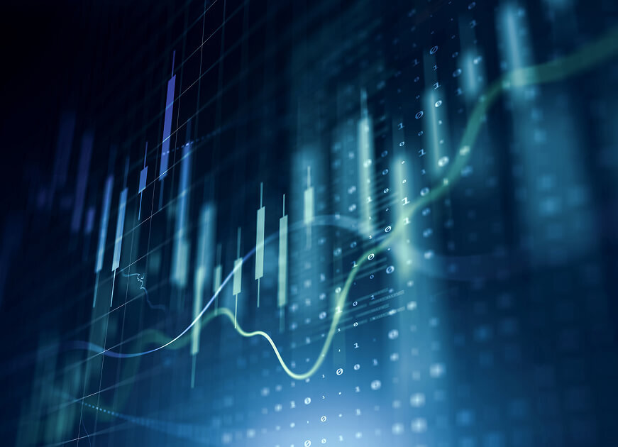 Abstract digital chart with glowing lines and bar graphs representing financial data.