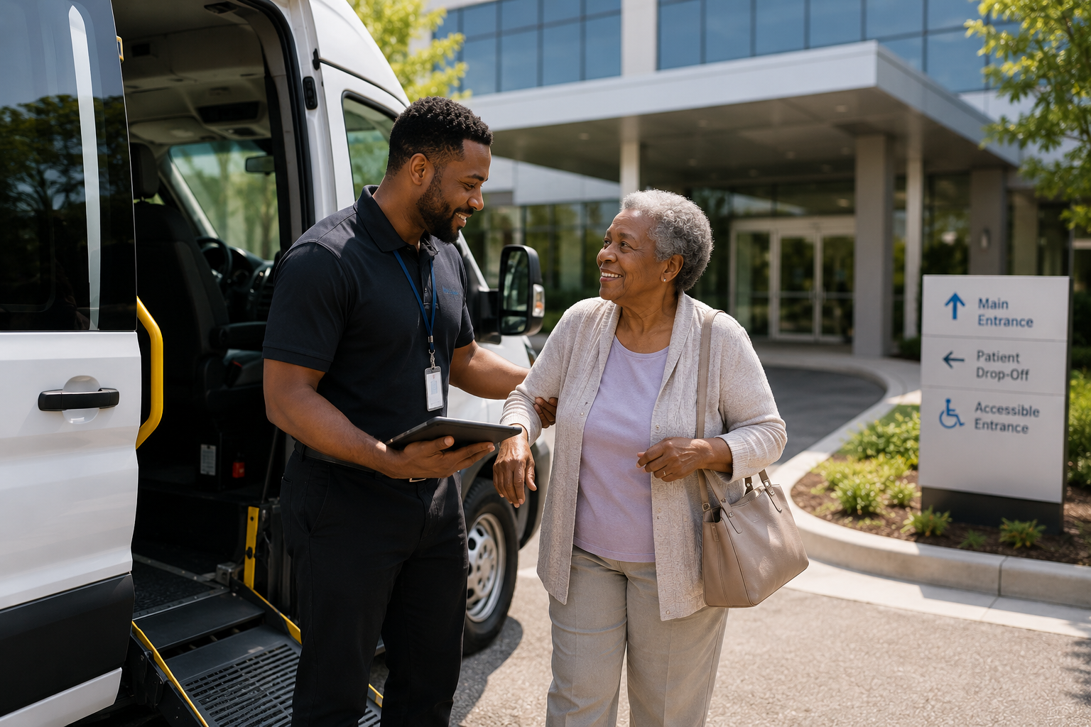 Healthcare transportation service helping a patient arrive for medical care
