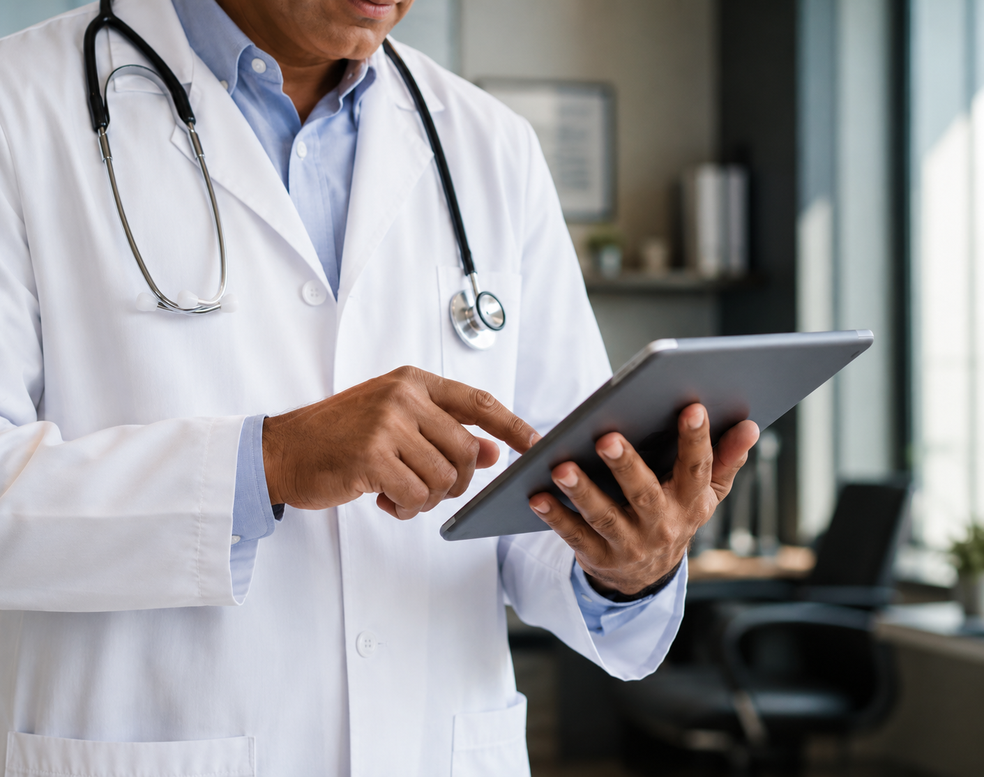 Healthcare professional reviewing surgical operations data on a tablet