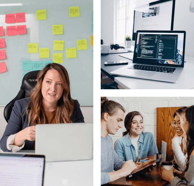 Collage of working professionals in discussion over software development