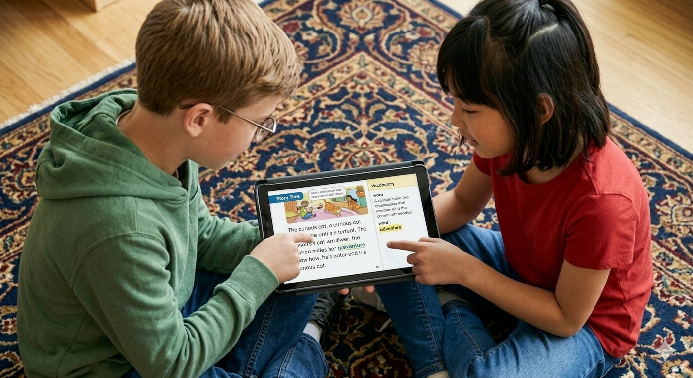 Children using a tablet for interactive language learning and educational activities