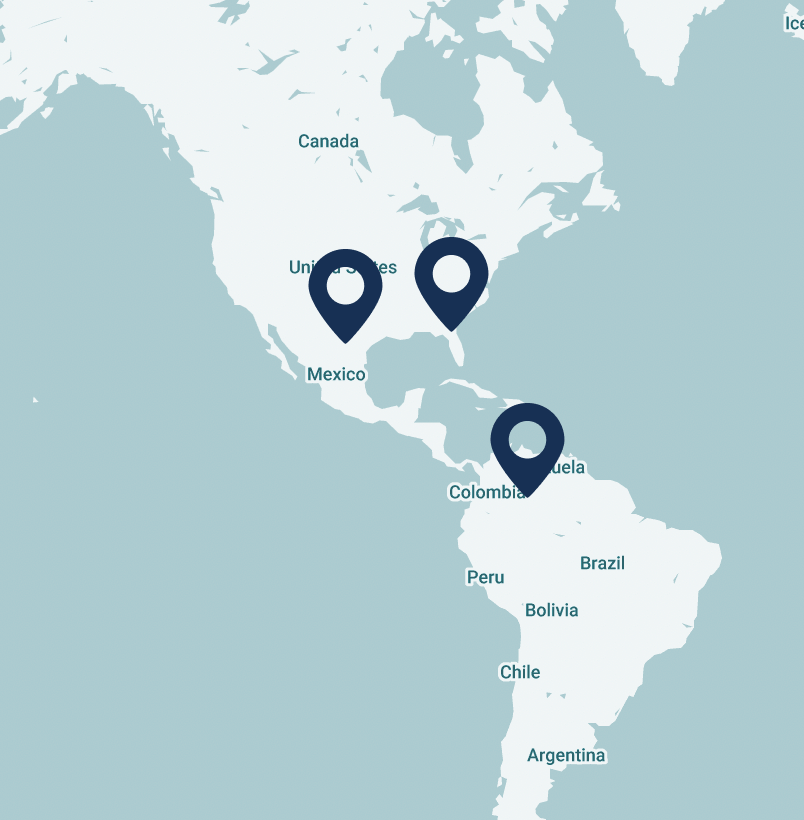 Map of North and South America with location pins in Florida, Texas, and Colombia