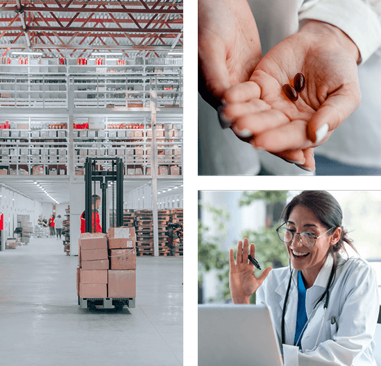 Collage showing a warehouse with packages, a person holding pills, and a doctor smiling during an online consultation.