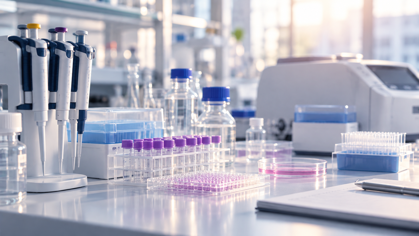 Modern molecular diagnostics laboratory bench with pipettes, sample tubes, and testing equipment