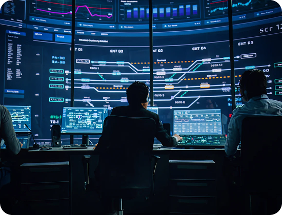Team of analysts monitoring multiple digital dashboards and data visualizations on large screens in a control room.