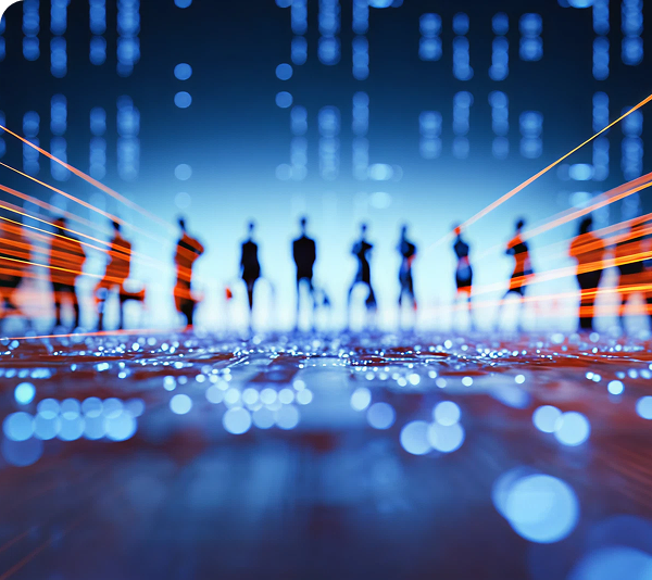 Abstract silhouettes of professionals with digital light effects, symbolizing the digital transformation process.
