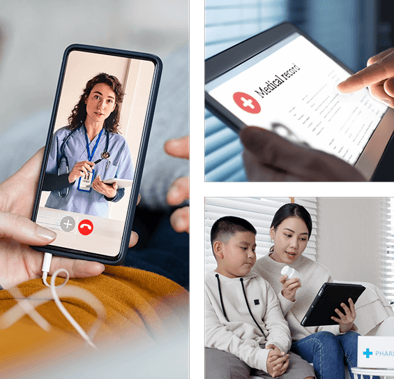 Collage showing telehealth technology—a doctor on a video call, a person viewing medical records on a tablet, and a parent discussing medication with a child during an online consultation.