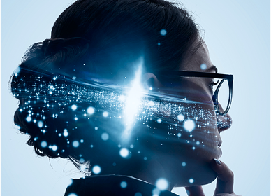 Profile of a woman wearing glasses with digital light effects symbolizing technology and innovation.
