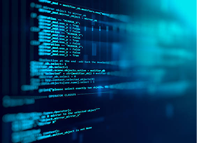 Close-up of computer code displayed on a blue digital screen.