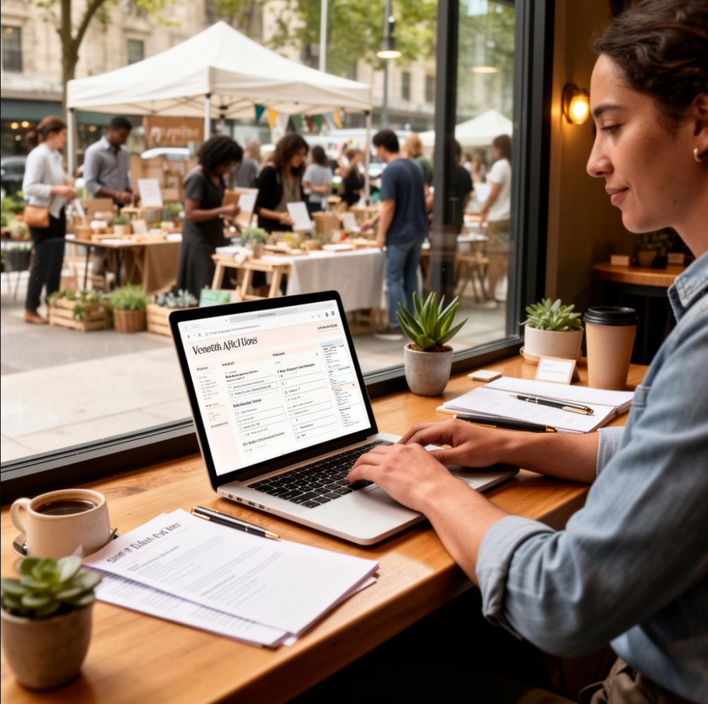 Venue owner managing event bookings while vendors set up outdoor marketplace booths.