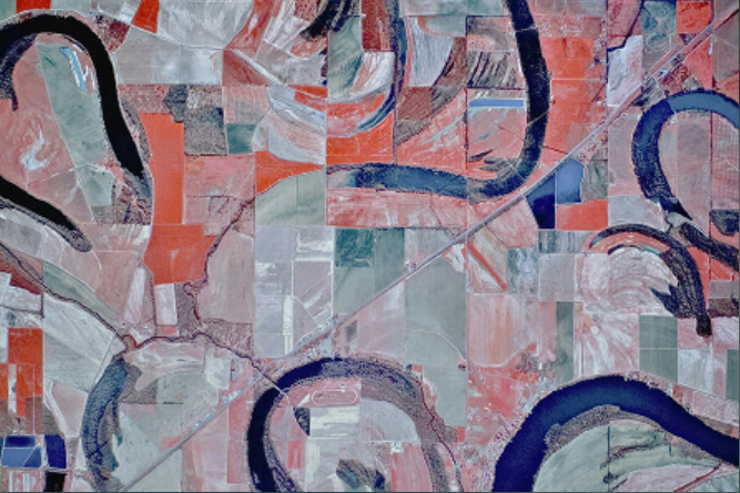 satellite imagery featuring layered geospatial terrain patterns