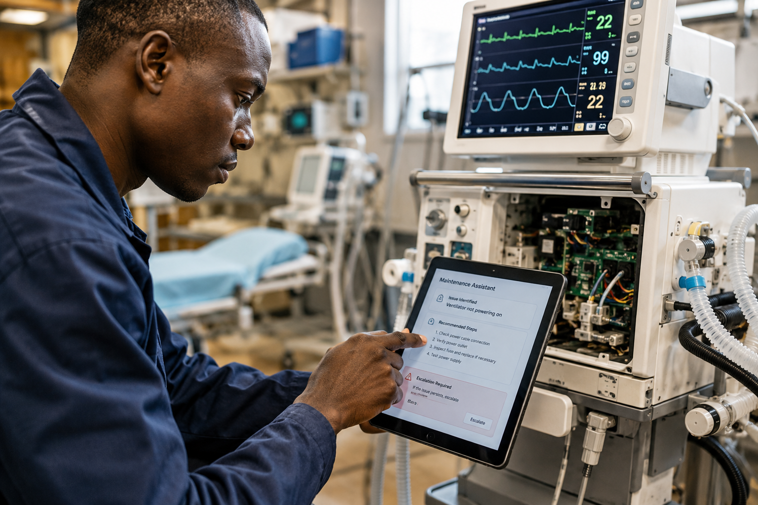 Biomedical engineer using an AI-powered medical equipment maintenance assistant in a hospital
