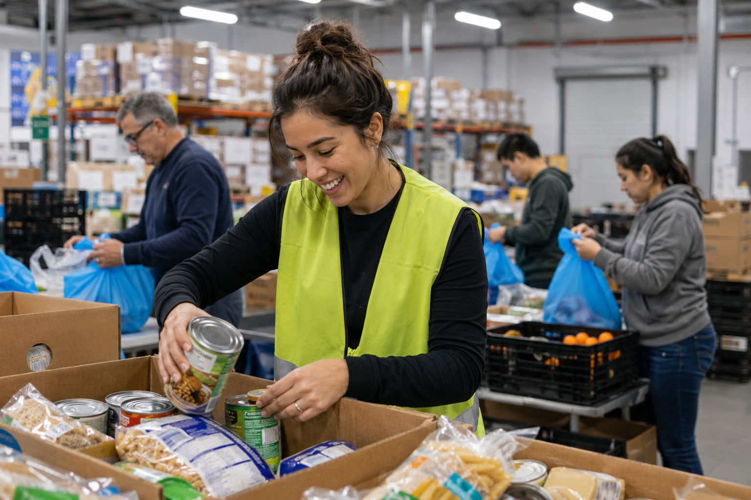 Volunteers sorting and packing food donations at a community food bank