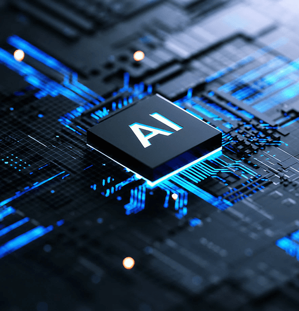 AI technology chip on a digital circuit board, symbolizing innovation and RevStar as a digital transformation partner.