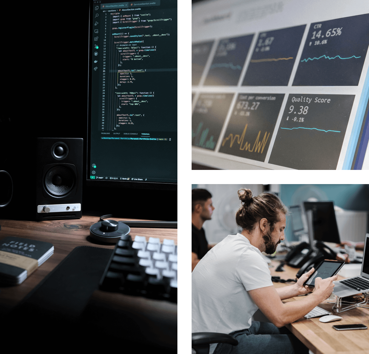 Collage of analytics metrics dashboard, white male working professional working on tablet, and code editor