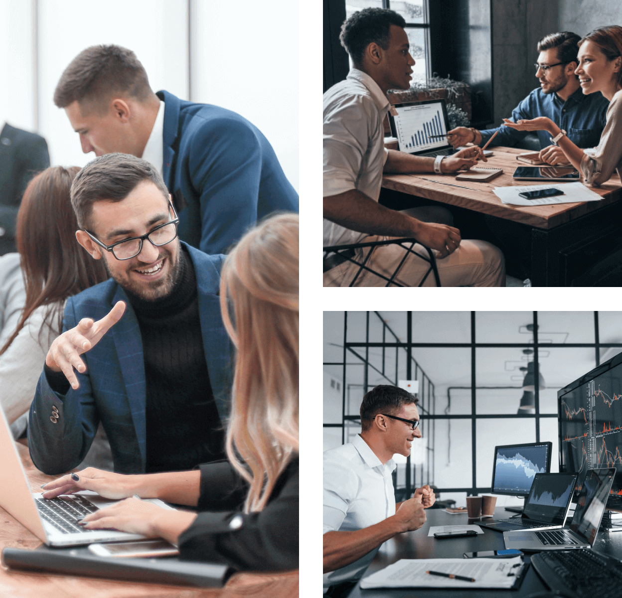 Collage of professionals collaborating: teams discussing data at laptops, reviewing charts, and analyzing business performance.