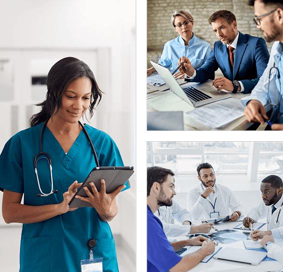 Collage of healthcare professionals collaborating—a nurse using a tablet, a team in a meeting with laptops, and doctors discussing notes around a table.