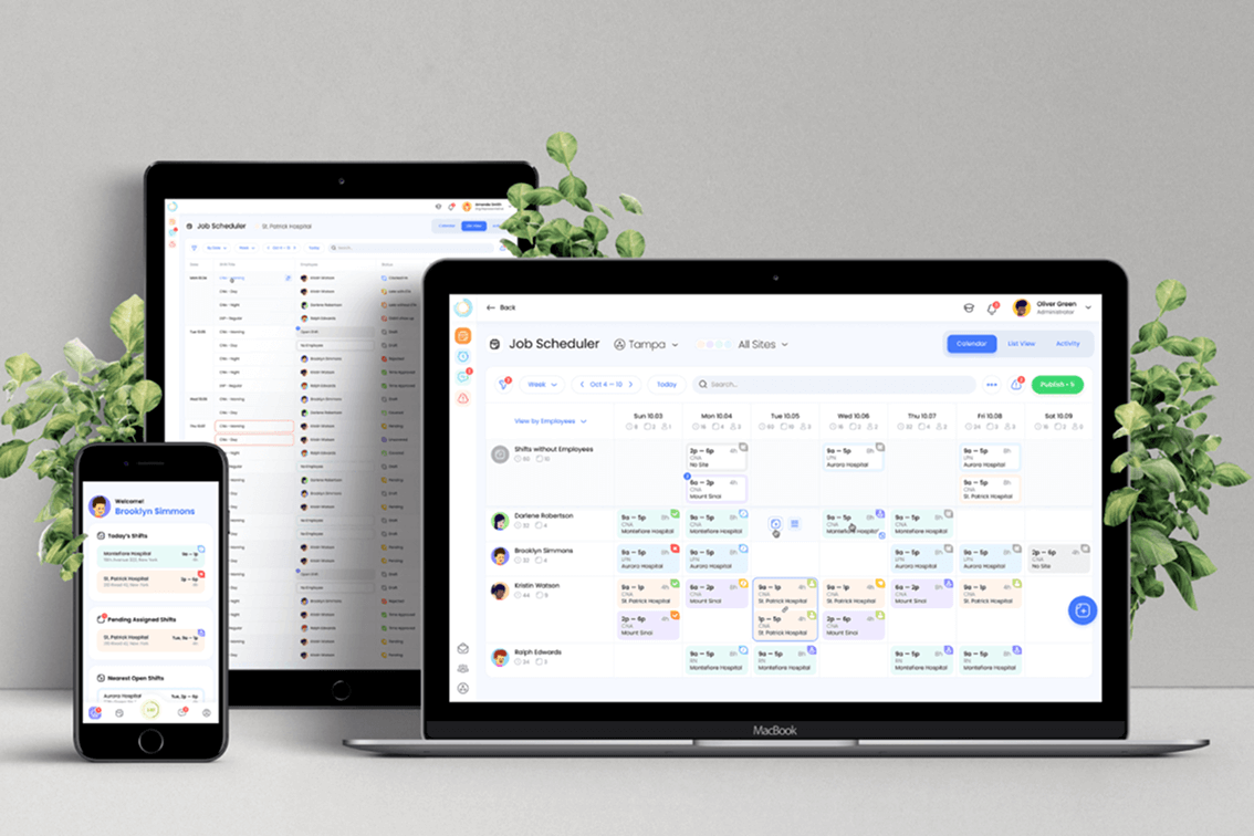 Mobile phone, tablet, and laptop displaying a job scheduling application with employee shifts and hospital assignments.