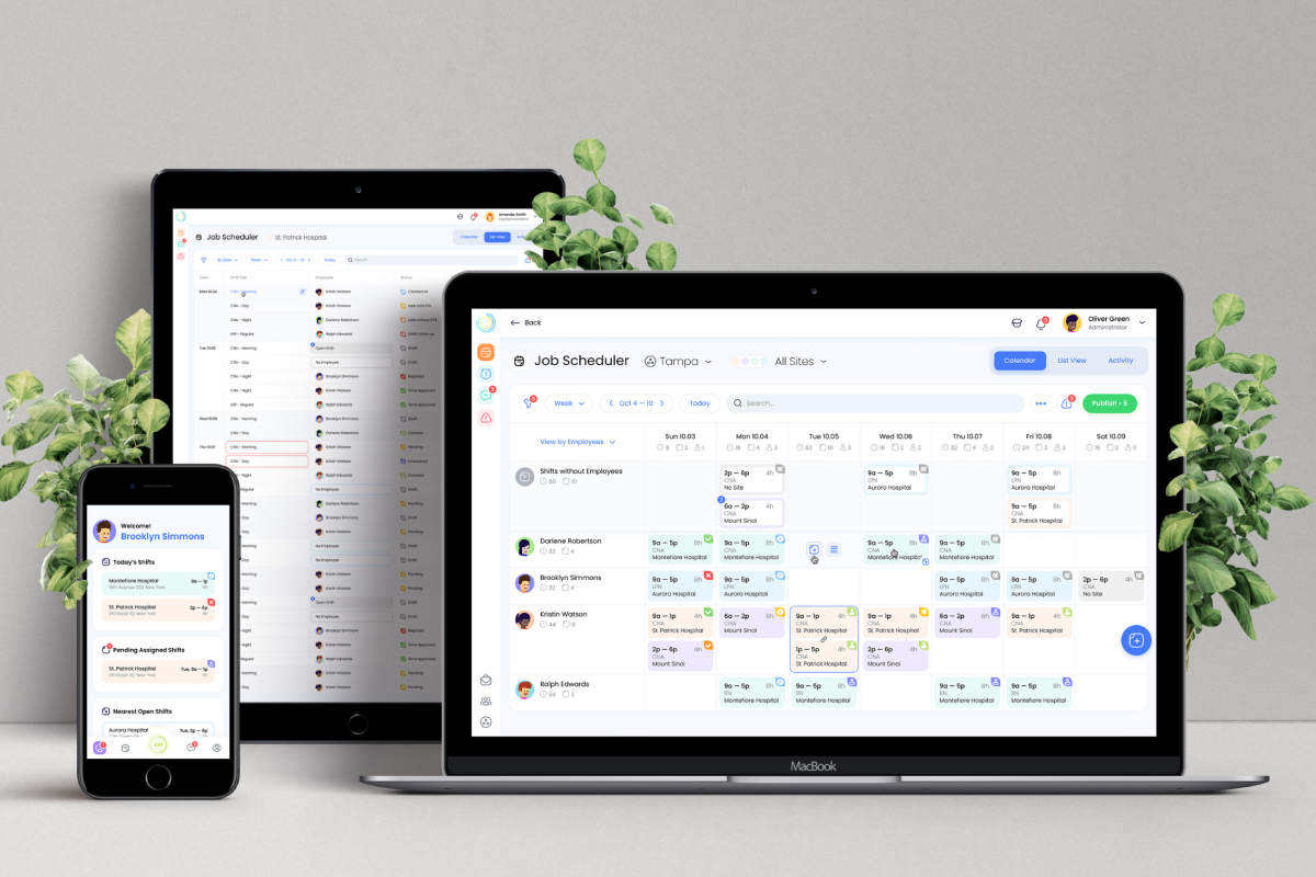 WeCare app on tablet, desktop, and mobile devices standing on white table