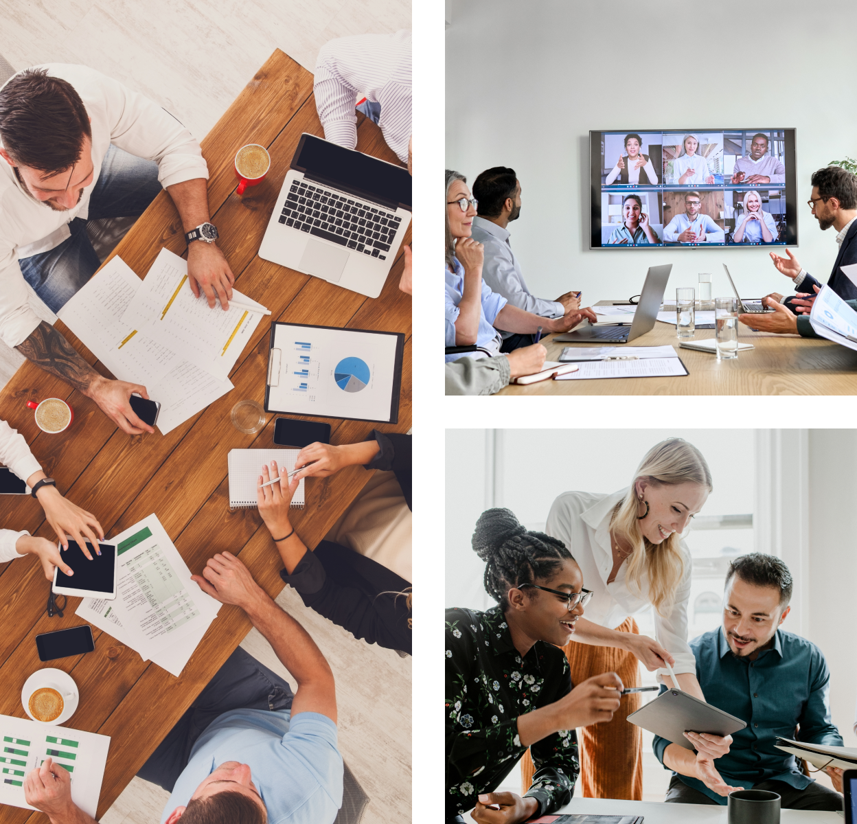 Collage of diverse group of working professionals huddled together at a hybrid meeting